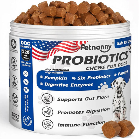 Petnanny Daily Probiotics for Dogs,Helps Digestive Gut Health,Diarrhea & Bloating,Improve Immune System for All Dogs,Chiken Flavor, 120 Soft Chews